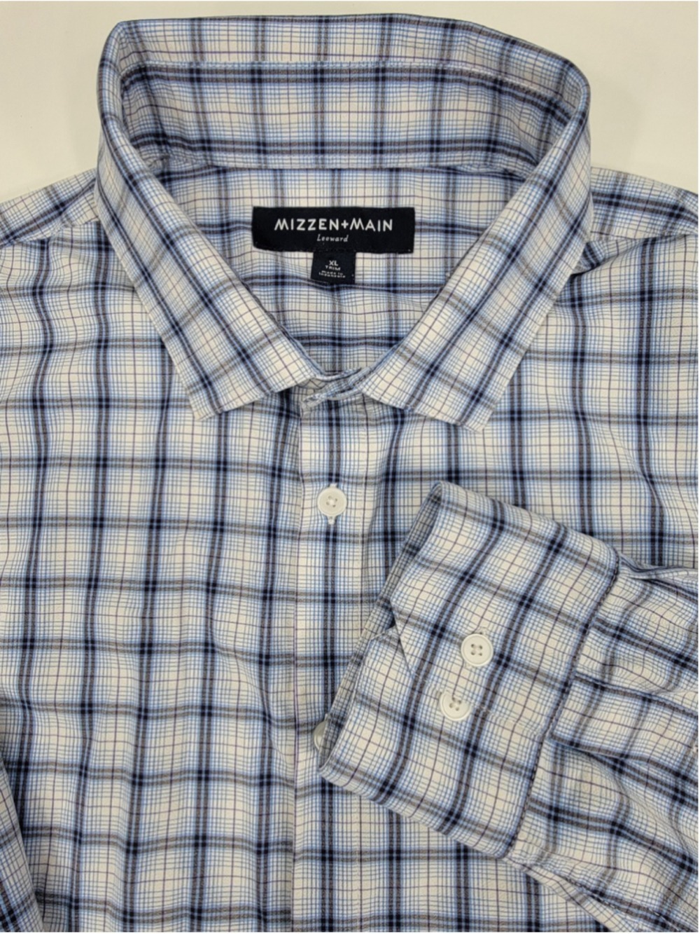 Mizzen Main Shirt Mens XL White Blue Plaid Leeward Trim Fit Performance Stretch